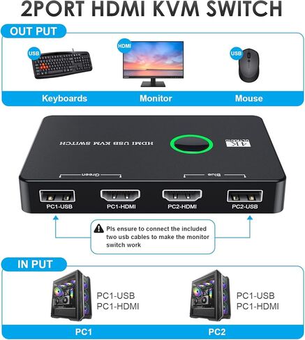 HDMI KVM Switch, KVM Switches 1 Monitors 2 Computers, HDMI USB Switcher for 2 Computers Share Keyboard Mouse Printer and one HD Monitor, Support HD 4K@60Hz, with 2 USB Cables and 2 HDMI Cables in Kuwait