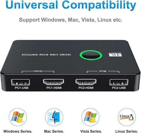 HDMI KVM Switch, KVM Switches 1 Monitors 2 Computers, HDMI USB Switcher for 2 Computers Share Keyboard Mouse Printer and one HD Monitor, Support HD 4K@60Hz, with 2 USB Cables and 2 HDMI Cables in Kuwait