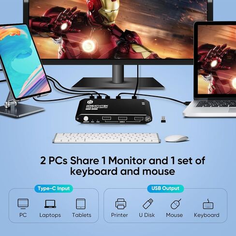USB C KVM Switch Two Computers One Monitor,2 Port Type-C Kvm Switcher 4k@60HZ,Monitor Switch Suppport USB2.0& 100W Power Delivery,with EDID,Plug and Play in Kuwait
