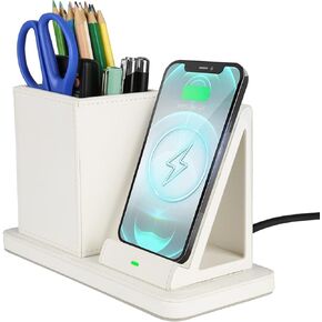 Wireless Charger with Desk Organizer, Wireless Charging Station for iPhone 14/14 Pro/13/12/11/Samsung Galaxy S23/S22/S21/S20/Note 20/Note 10, Wireless Charging Stand with Leather, Black