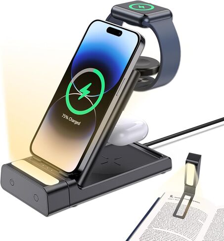 قاعدة شحن لاسلكية، محطة شحن 3 في 1 لأجهزة Apple، شاحن لاسلكي مع ضوء ليلي، محطة شحن قابلة للطي لهاتف iPhone 14/13/12 Pro Max، لحامل شاحن Apple Watch لـ AirPods Pro/3 in Kuwait
