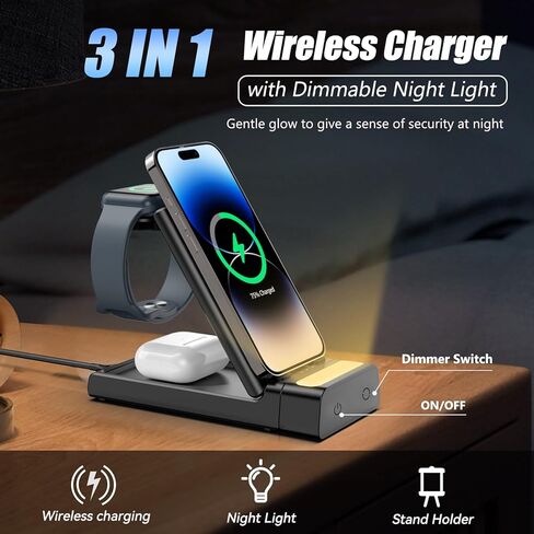 قاعدة شحن لاسلكية، محطة شحن 3 في 1 لأجهزة Apple، شاحن لاسلكي مع ضوء ليلي، محطة شحن قابلة للطي لهاتف iPhone 14/13/12 Pro Max، لحامل شاحن Apple Watch لـ AirPods Pro/3 in Kuwait