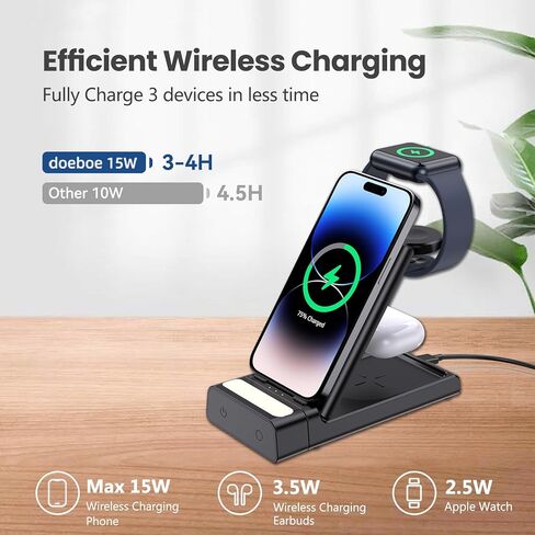 قاعدة شحن لاسلكية، محطة شحن 3 في 1 لأجهزة Apple، شاحن لاسلكي مع ضوء ليلي، محطة شحن قابلة للطي لهاتف iPhone 14/13/12 Pro Max، لحامل شاحن Apple Watch لـ AirPods Pro/3 in Kuwait