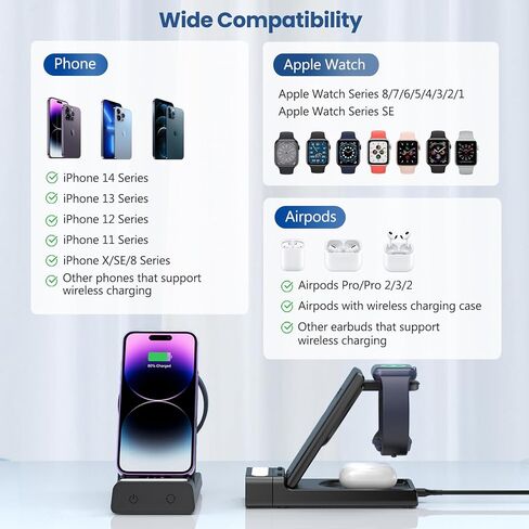 قاعدة شحن لاسلكية، محطة شحن 3 في 1 لأجهزة Apple، شاحن لاسلكي مع ضوء ليلي، محطة شحن قابلة للطي لهاتف iPhone 14/13/12 Pro Max، لحامل شاحن Apple Watch لـ AirPods Pro/3 in Kuwait