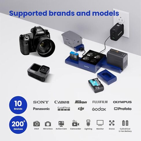 شاحن بطارية كاميرا برونين متعدد العلامات التجارية بأربعة منافذ متوافق مع Canon Sony Nikon Fujiflim Panasonic Olympus DJI GoPro بطاريات أسطوانية كاميرا فيديو بدون طيار in Saudi Arabia