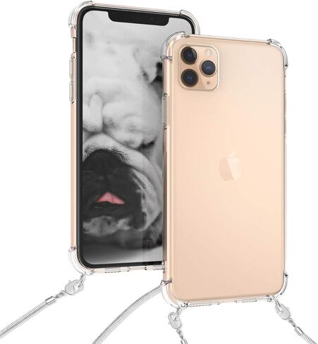 حافظة kwmobile متوافقة مع هاتف Apple iPhone 11 Pro Max - حافظة كروس شفافة وغطاء هاتف من مادة TPU مع حزام سلسلة معدنية - فضي/شفاف in Kuwait