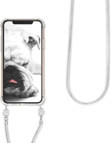 حافظة kwmobile متوافقة مع هاتف Apple iPhone 11 Pro Max - حافظة كروس شفافة وغطاء هاتف من مادة TPU مع حزام سلسلة معدنية - فضي/شفاف in Kuwait