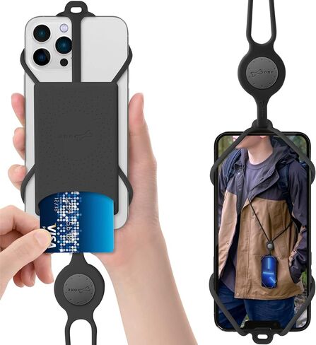 Bone】 ربطة عنق للهاتف بحبل طويل 3 مع حامل بطاقة، حبل للهاتف الخلوي بحزام كتف قابل للتعديل من السيليكون، حامل هاتف من السيليكون، جسم للنساء والرجال متوافق مع الهواتف 4.7"-7.2" (أسود) in Kuwait