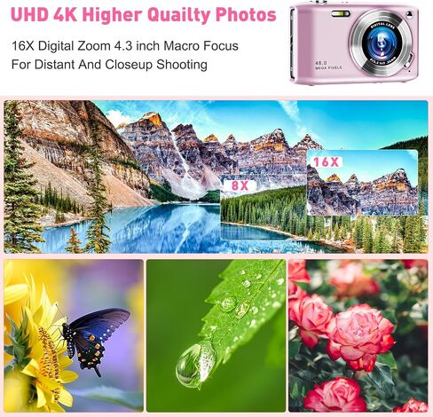 𝟒𝐊 Digital Camera for Photography, 𝟒𝟖𝐌𝐏 Point & Shoot Camera with 2.88'' LCD Screen, 16X Zoom 𝐌𝐚𝐜𝐫𝐨 𝐅𝐨𝐜𝐮𝐬 Compact Vlogging Camera Anti Shake for Travel, Mini Camera for Teens Beginner in Saudi Arabia