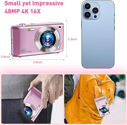 𝟒𝐊 Digital Camera for Photography, 𝟒𝟖𝐌𝐏 Point & Shoot Camera with 2.88'' LCD Screen, 16X Zoom 𝐌𝐚𝐜𝐫𝐨 𝐅𝐨𝐜𝐮𝐬 Compact Vlogging Camera Anti Shake for Travel, Mini Camera for Teens Beginner in Saudi Arabia