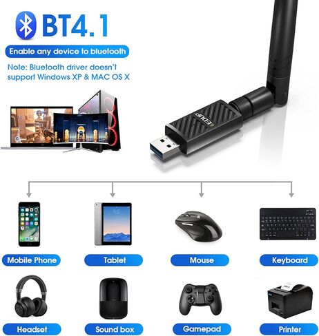 محول بلوتوث USB 3.0 2 في 1 ومحول واي فاي AC1200Mbps 6dBi للكمبيوتر، دونجل USB واي فاي بلوتوث 4.1 مستقبل 2.4G/5Ghz محولات شبكة لاسلكية لنظام ويندوز 10/8/8.1/7، Mac OS X 10.6-10.15 in Kuwait
