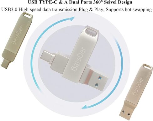 BaisDer 256GB Type C USB Flash Drive USB 3.0 ثنائي الغرض عصا الذاكرة مع سلسلة المفاتيح، مادة معدنية متينة ممتازة على شكل حرف U للكمبيوتر المحمول، والهاتف الذكي، وأجهزة الكمبيوتر المكتبية in Kuwait