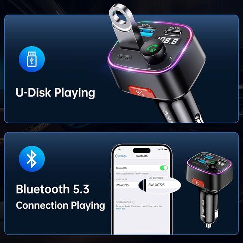 محول سيارة SYNCWIRE Bluetooth 5.3 FM Transmitter Car 48W (PD 36W & 12W) [مفتاح الإضاءة] [صوت HiFi Bass] [شحن سريع] محول موسيقى راديو لاسلكي شاشة LED للاتصال بدون استخدام اليدين يدعم محرك USB in Saudi Arabia