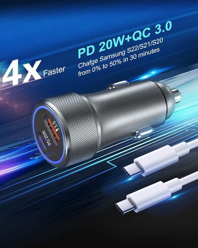 شاحن سيارة USB C، 36 وات 2 حزمة PD3.0 وQC3.0 محول شاحن سيارة سريع USB مزدوج شاحن سيارة سريع الشحن من النوع C متوافق مع كابل Galaxy S22/S21/S20 Google Pixel 6 iPhone 13 12 11 Pro Max-6FT C-C in Kuwait