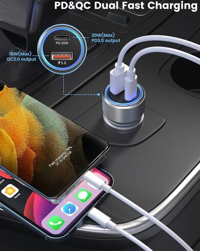 شاحن سيارة USB C، 36 وات 2 حزمة PD3.0 وQC3.0 محول شاحن سيارة سريع USB مزدوج شاحن سيارة سريع الشحن من النوع C متوافق مع كابل Galaxy S22/S21/S20 Google Pixel 6 iPhone 13 12 11 Pro Max-6FT C-C in Kuwait