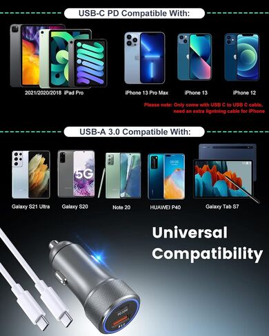 شاحن سيارة USB C، 36 وات 2 حزمة PD3.0 وQC3.0 محول شاحن سيارة سريع USB مزدوج شاحن سيارة سريع الشحن من النوع C متوافق مع كابل Galaxy S22/S21/S20 Google Pixel 6 iPhone 13 12 11 Pro Max-6FT C-C in Kuwait