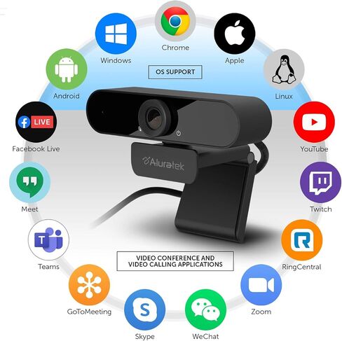 كاميرا ويب Aluratek HD 1080P، USB-C/USB-A، مع مكبرات صوت مدمجة وميكروفون، أسود، AWCS06F in Kuwait