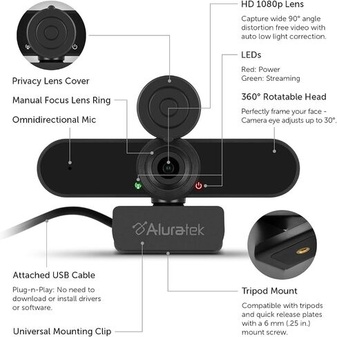 كاميرا ويب Aluratek HD 1080P، USB-C/USB-A، مع مكبرات صوت مدمجة وميكروفون، أسود، AWCS06F in Kuwait