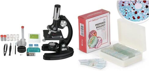 AmScope 120X-1200X 52-pcs Kids Beginner Microscope STEM Kit with Metal Body Microscope, Plastic Slides, LED Light and Carrying Box (M30-ABS-KT2-W),White in Kuwait