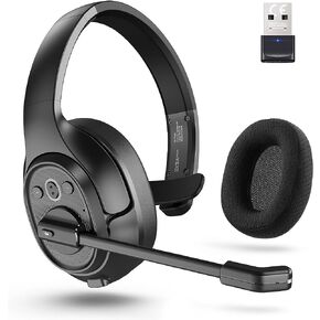 سماعة راس بلوتوث من تراكر، سماعات راس لاسلكية مع دونجل USB للكمبيوتر، ميكروفون بخاصية الغاء الضوضاء البيئية تعمل بالذكاء الاصطناعي (ENC)، نطاق لاسلكي طويل 100 قدم، سماعات راس على الاذن 57 ساعة