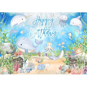 Mocsicka Under The Sea عيد ميلاد، أزرق المحيط البحر، زينة حفلات أعياد الميلاد، ألوان مائية، الأخطبوط، الحوت، القرش، حيوانات البحر، خلفية لافتة حفلات البحر (82 بوصة × 60 بوصة) in Kuwait