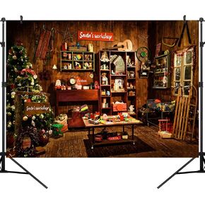 Christmas Santa's Workshop Photography Backdrop Vintage Rustic Wood House Cottage Gift Xmas Tree Decoration Background Kids Indoor Portrait Photo Studio Photobooth Props 7X5FT CEM251B