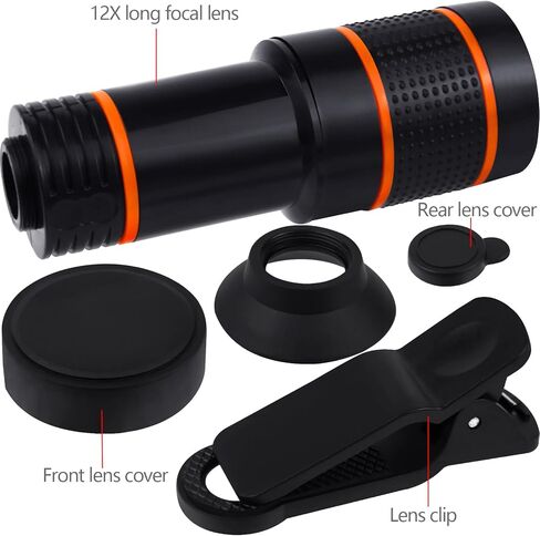 عدسة كاميرا سوداء للهاتف الخلوي 12X بعدسة مقربة عالمية عالية الدقة متوافقة مع هاتف آيفون سامسونج أندرويد الذكي in Kuwait