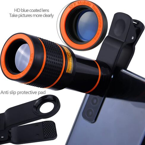 عدسة كاميرا سوداء للهاتف الخلوي 12X بعدسة مقربة عالمية عالية الدقة متوافقة مع هاتف آيفون سامسونج أندرويد الذكي in Kuwait