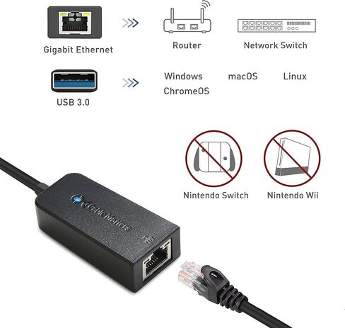 كابل يهم محول USB إلى إيثرنت (USB 3.0 إلى إيثرنت) يدعم شبكة إيثرنت 10/100/1000 ميجابت في الثانية باللون الأسود وكابل إيثرنت Cat6 بدون مشبك in Kuwait