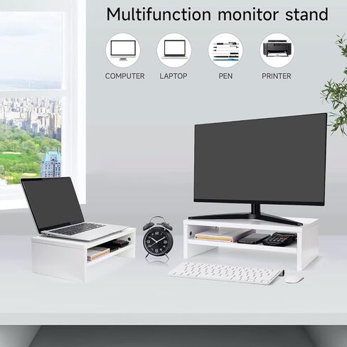 Zucabape Monitor Stand White, Wood Computer Monitor Riser,2 Tiers Desktop Stands 16.5 Inch Multifunctional Desk Storage Organizer for Laptop/Printer/PC/Notebook/keyboard Home Office in Kuwait