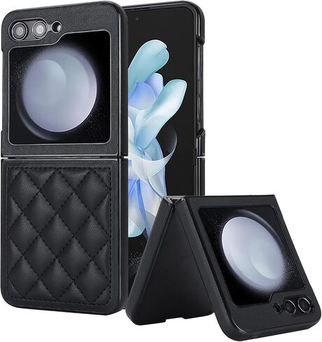 XIZYO for Samsung Galaxy Z Flip 5 Case, Samsung Z Flip 5 Case with Ring Cute Aesthetic Leather Case for Women Men Diamond-Shaped Pattern Shockproof Protective Bumper Cover, White in Kuwait