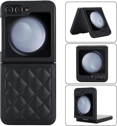 XIZYO for Samsung Galaxy Z Flip 5 Case, Samsung Z Flip 5 Case with Ring Cute Aesthetic Leather Case for Women Men Diamond-Shaped Pattern Shockproof Protective Bumper Cover, White in Kuwait