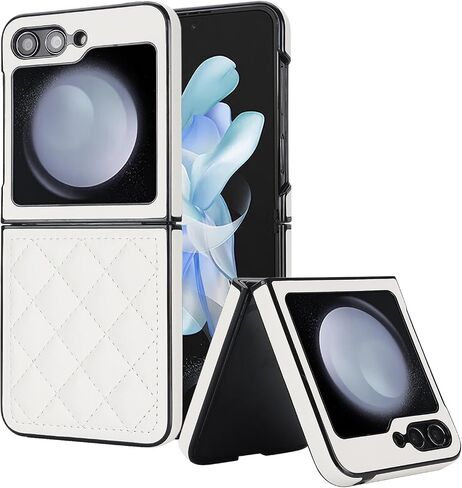 XIZYO for Samsung Galaxy Z Flip 5 Case, Samsung Z Flip 5 Case with Ring Cute Aesthetic Leather Case for Women Men Diamond-Shaped Pattern Shockproof Protective Bumper Cover, White in Kuwait