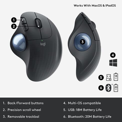 Logitech ERGO M575 Wireless Trackball Mouse - Easy thumb control, precision and smooth tracking, ergonomic comfort design, for Windows, PC and Mac with Bluetooth and USB capabilities - Graphite in Saudi Arabia