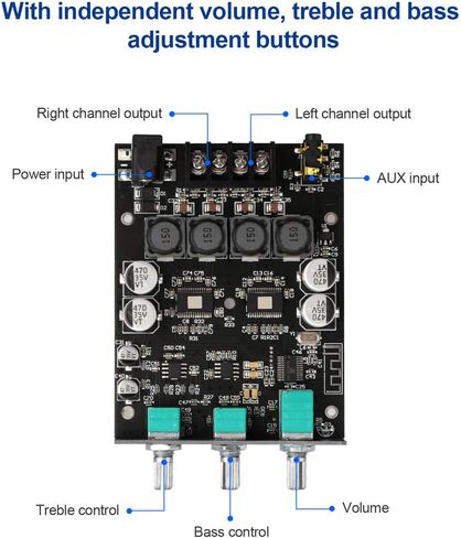 ZK-1002T RPO 2.0 Channel Bluetooth 5.0 Amplifier Board 200W AMP | HiFi Subwoofer Audio AMPs with Treble and Bass, BT USB and AUX Inputs, DC 12-24V 2.0 Channel Stereo AMP Module for DIY in Kuwait