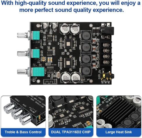 ZK-1002T RPO 2.0 Channel Bluetooth 5.0 Amplifier Board 200W AMP | HiFi Subwoofer Audio AMPs with Treble and Bass, BT USB and AUX Inputs, DC 12-24V 2.0 Channel Stereo AMP Module for DIY in Kuwait