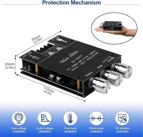 ZK-1002T RPO 2.0 Channel Bluetooth 5.0 Amplifier Board 200W AMP | HiFi Subwoofer Audio AMPs with Treble and Bass, BT USB and AUX Inputs, DC 12-24V 2.0 Channel Stereo AMP Module for DIY in Kuwait