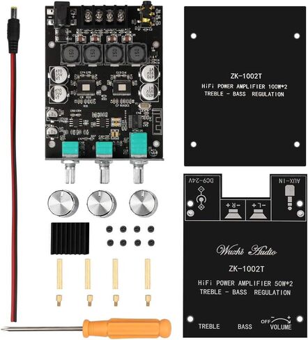 ZK-1002T RPO 2.0 Channel Bluetooth 5.0 Amplifier Board 200W AMP | HiFi Subwoofer Audio AMPs with Treble and Bass, BT USB and AUX Inputs, DC 12-24V 2.0 Channel Stereo AMP Module for DIY in Kuwait