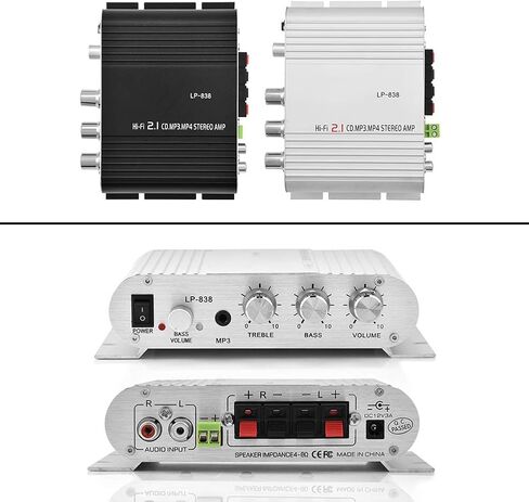 مضخم صوت ستيريو، مضخم صوت ستيريو صغير 2.1 بقوة هاي فاي، مضخم رقمي للسيارة، MP3، MP4، مشغلات الأقراص المضغوطة، مكبرات صوت سلبية (أسود) in Kuwait