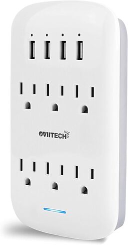 موسع oviitech 6 منافذ مع 4 منافذ شحن USB (إجمالي 4.2 أمبير)، مقابس منافذ تثبيت على الحائط 900 جول، واقي من ارتفاع التيار الكهربائي وحامل هاتف علوي، مدرج في قائمة ETL، أبيض. in Kuwait