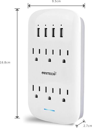 موسع oviitech 6 منافذ مع 4 منافذ شحن USB (إجمالي 4.2 أمبير)، مقابس منافذ تثبيت على الحائط 900 جول، واقي من ارتفاع التيار الكهربائي وحامل هاتف علوي، مدرج في قائمة ETL، أبيض. in Kuwait