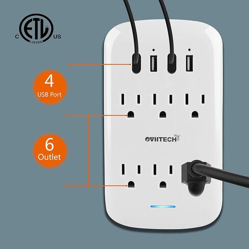 موسع oviitech 6 منافذ مع 4 منافذ شحن USB (إجمالي 4.2 أمبير)، مقابس منافذ تثبيت على الحائط 900 جول، واقي من ارتفاع التيار الكهربائي وحامل هاتف علوي، مدرج في قائمة ETL، أبيض. in Kuwait