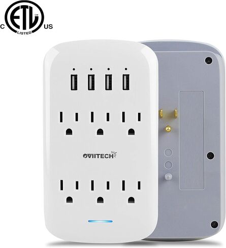 موسع oviitech 6 منافذ مع 4 منافذ شحن USB (إجمالي 4.2 أمبير)، مقابس منافذ تثبيت على الحائط 900 جول، واقي من ارتفاع التيار الكهربائي وحامل هاتف علوي، مدرج في قائمة ETL، أبيض. in Kuwait