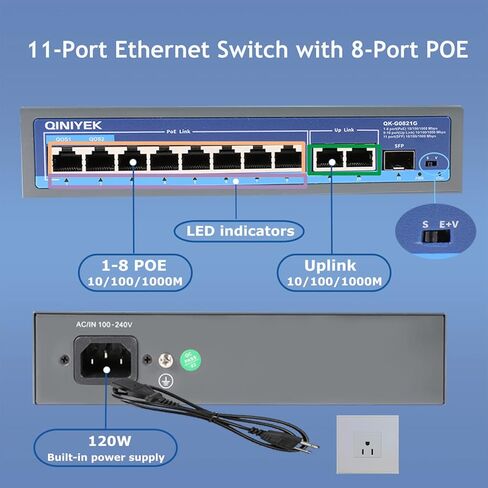 QINIYEK 8 منافذ جيجابت إيثرنت PoE غير مُدارة، مع 8 منافذ PoE+ @120 وات، التوصيل والتشغيل، سطح المكتب أو الحائط، مع متوافق مع 802.3af/at in Kuwait