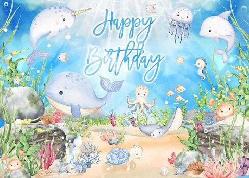 Mocsicka Under The Sea عيد ميلاد، أزرق المحيط البحر، زينة حفلات أعياد الميلاد، ألوان مائية، الأخطبوط، الحوت، القرش، حيوانات البحر، خلفية لافتة حفلات البحر (82 بوصة × 60 بوصة) in Kuwait