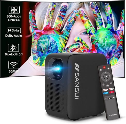 SANSUI Portable Projector with WiFi and Bluetooth, 1080P Smart Projector Netflix-Licensed,10000 Lumens,Auto Keystone Correction,Hi-Fi Audio HDR 10 for Home Theatre Outdoor Movies/ in Kuwait