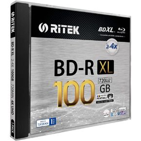 1 Pack Ritek BD-R XL BDXL 100GB Archival Grade Triple Layers 4X White Inkjet Hub Printable Blank Disc w/Standard Jewel Case