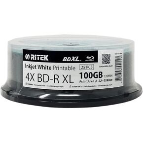25 Pack Ritek BD-R XL BDXL 100GB Archival Grade Triple Layers 4X White Inkjet Hub Printable Blank Recordable Disc in Spindle