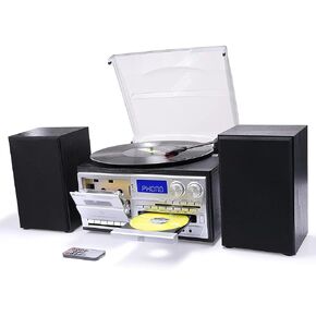 جارتنبفيز مشغل اقراص دوارة من الفينيل يعمل بالبلوتوث بـ3 سرعات مع مكبرات صوت ستيريو خارجية، مشغل اقراص سي دي وراديو ايه ام/اف ام ويو اس بي/اس دي وتشفير وتشغيل الفونوغراف in Kuwait