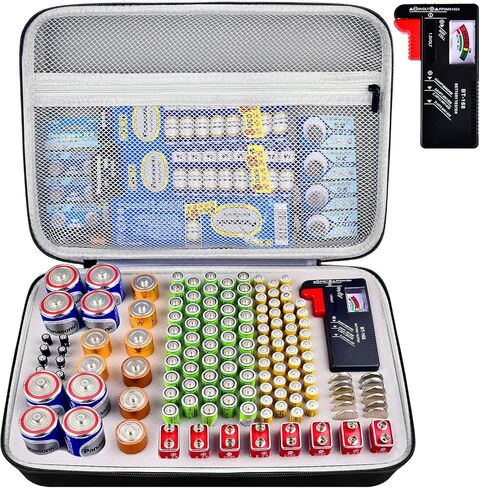 Battery Organizer Storage Case Holder with Tester BT-168, Batteries Variety Pack Bag, Holds 140+ AA, AAA, C, D, 9V, Lithium 3V Button Batteries, Battery Caddy Container(Not includes Batteries)(Black) in Saudi Arabia